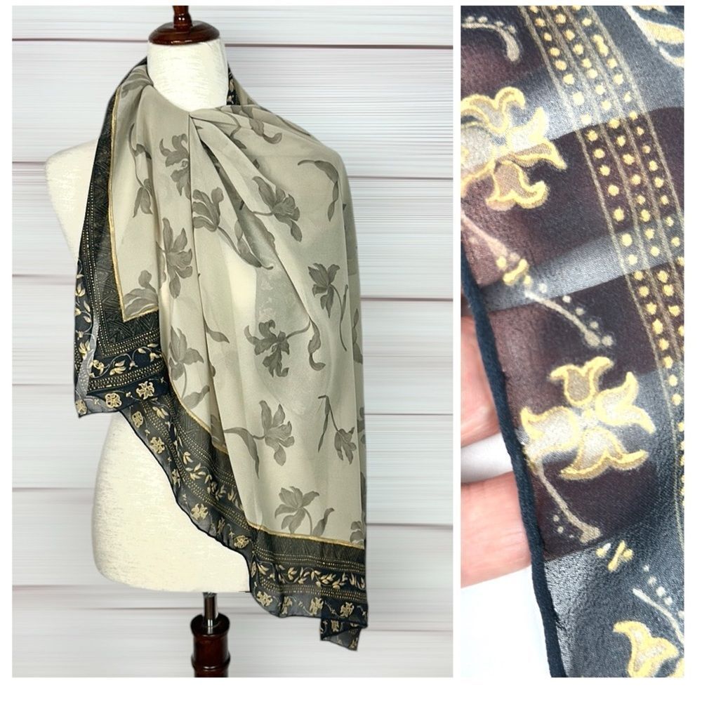 Silk Crepe Square Scarf Taupe Gray Floral Print Hand Rolled 41x41 inches - Picture 1 of 11